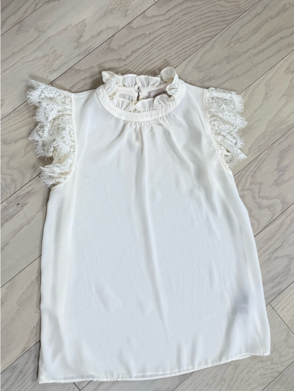 Catherine Malandrino Women’s Cream Lace Sleeve Ruffle Neck Top